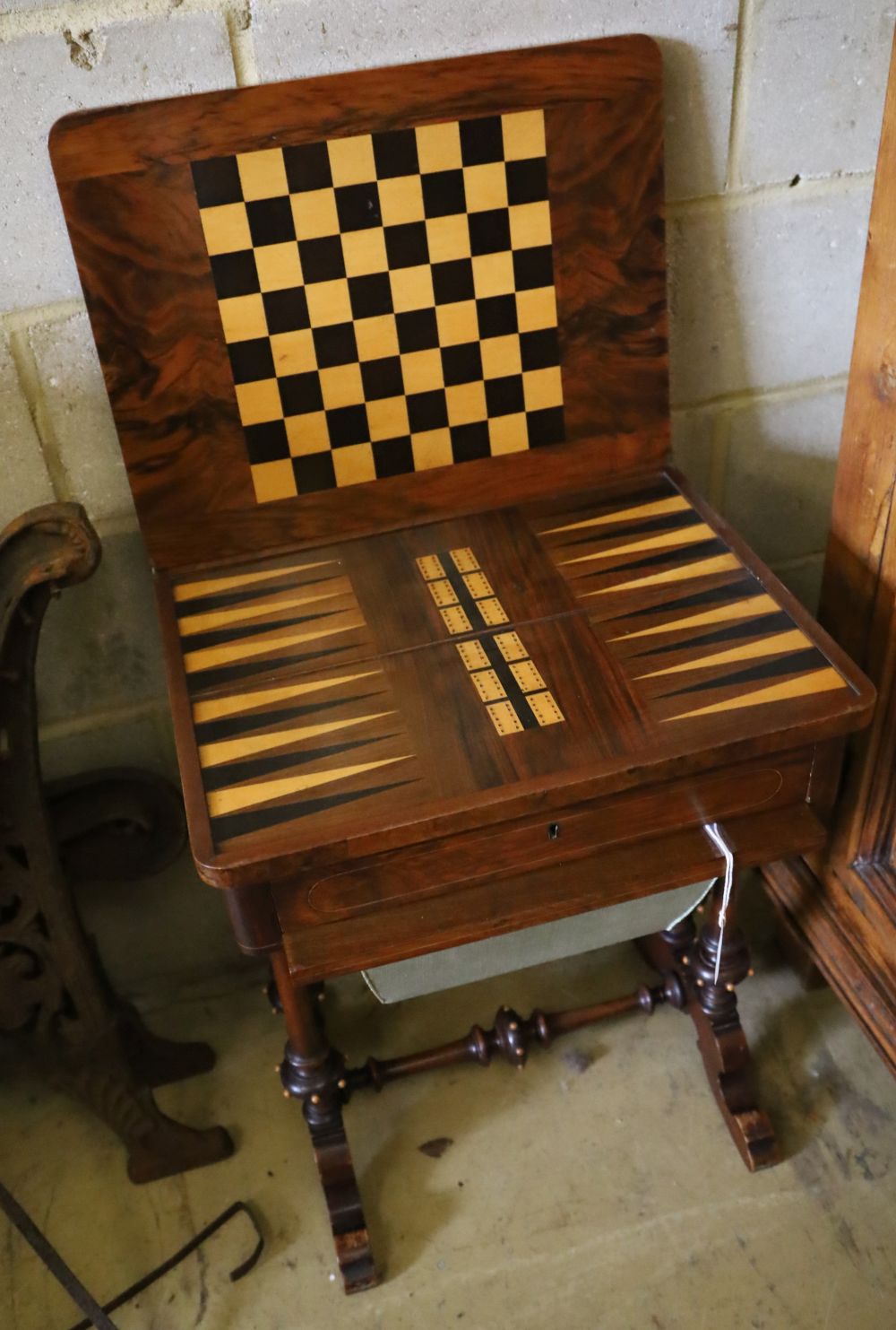 A Victorian burr walnut games / work table, width 53cm, depth 40cm, height 70cm